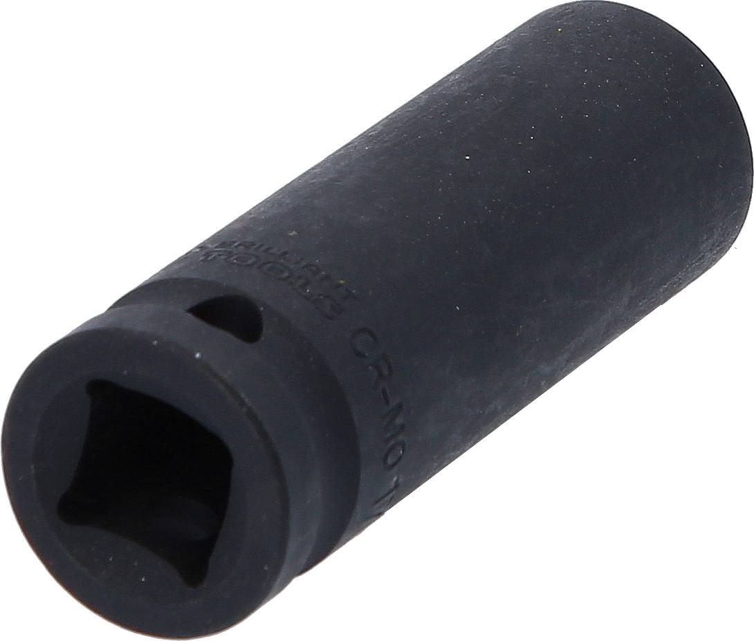 Eine schwarze Stecknuss, zylindrisch, mit quadratischer Öffnung, für den Einsatz mit einem Schraubenschlüssel oder Ratsche.