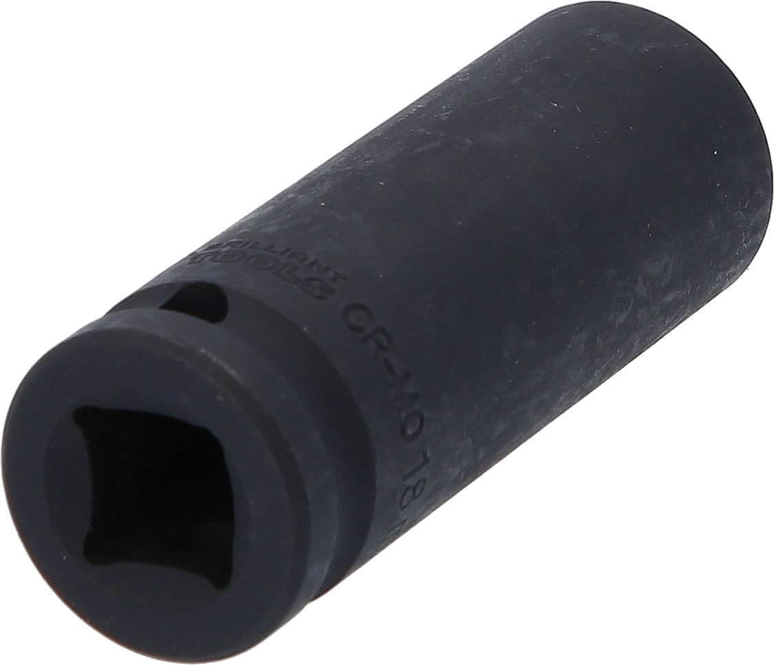 Eine schwarze Stecknuss mit quadratischer Öffnung, geeignet für Schrauben, auf weißem Hintergrund.