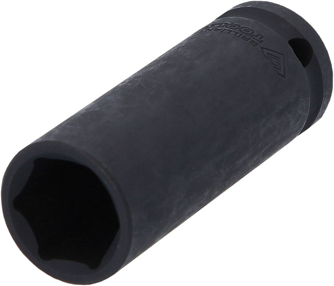 Eine schwarze Sechskant-Stecknuss aus Metall, die auf einer hellen Oberfläche liegt.