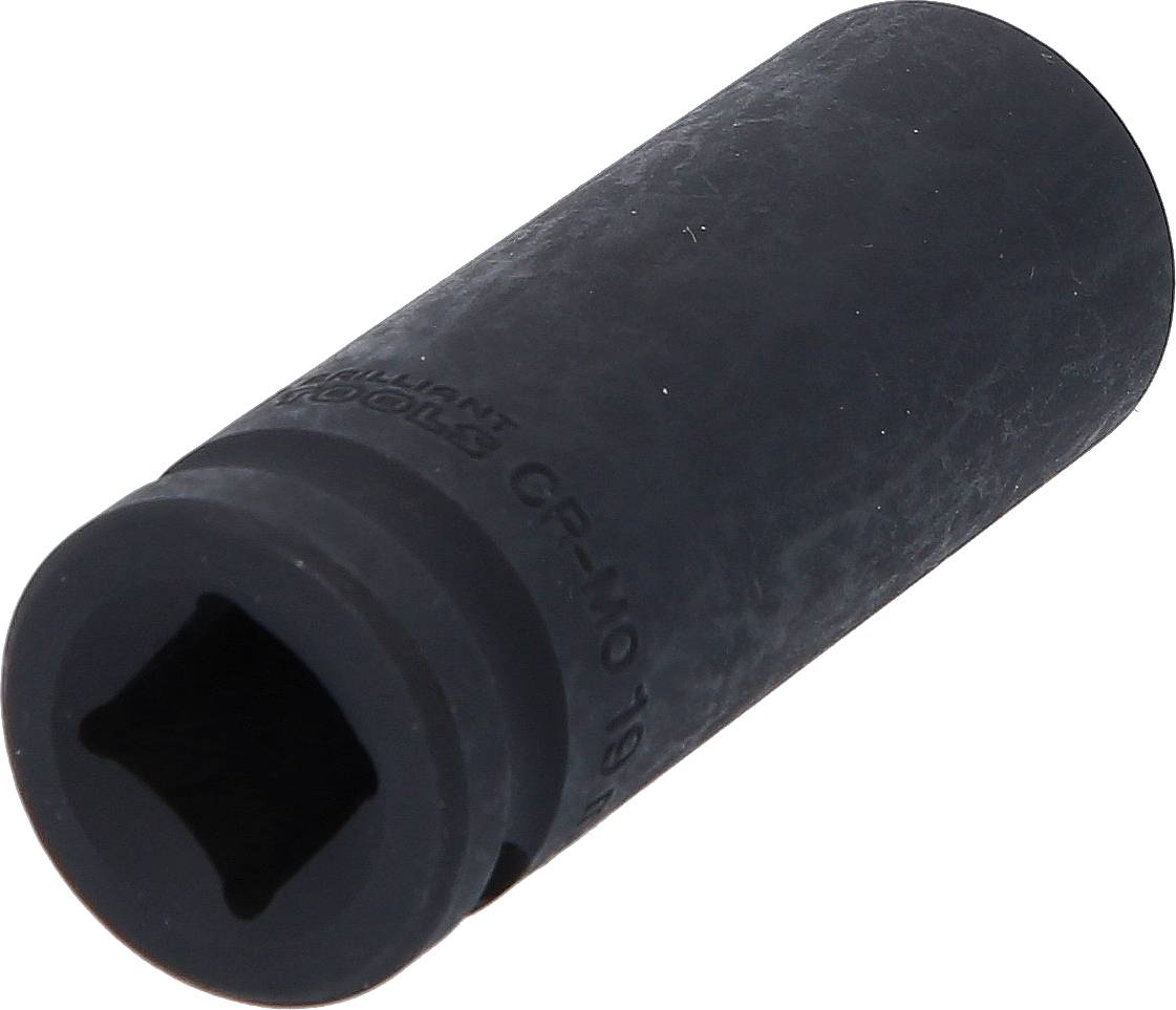 Schwarze, zylindrische Stecknuss mit quadratischer Öffnung und seitlicher Aufschrift. Verwendet für Werkzeuge und mechanische Anwendungen.