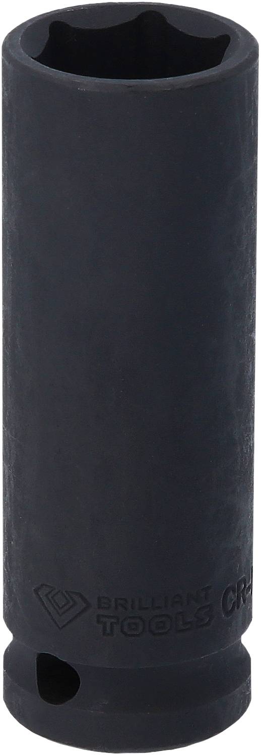 Eine schwarze Stecknuss mit der Aufschrift 'Brilliant Tools CR-MO'. Sie ist zylindrisch mit einer sechskantigen Öffnung.