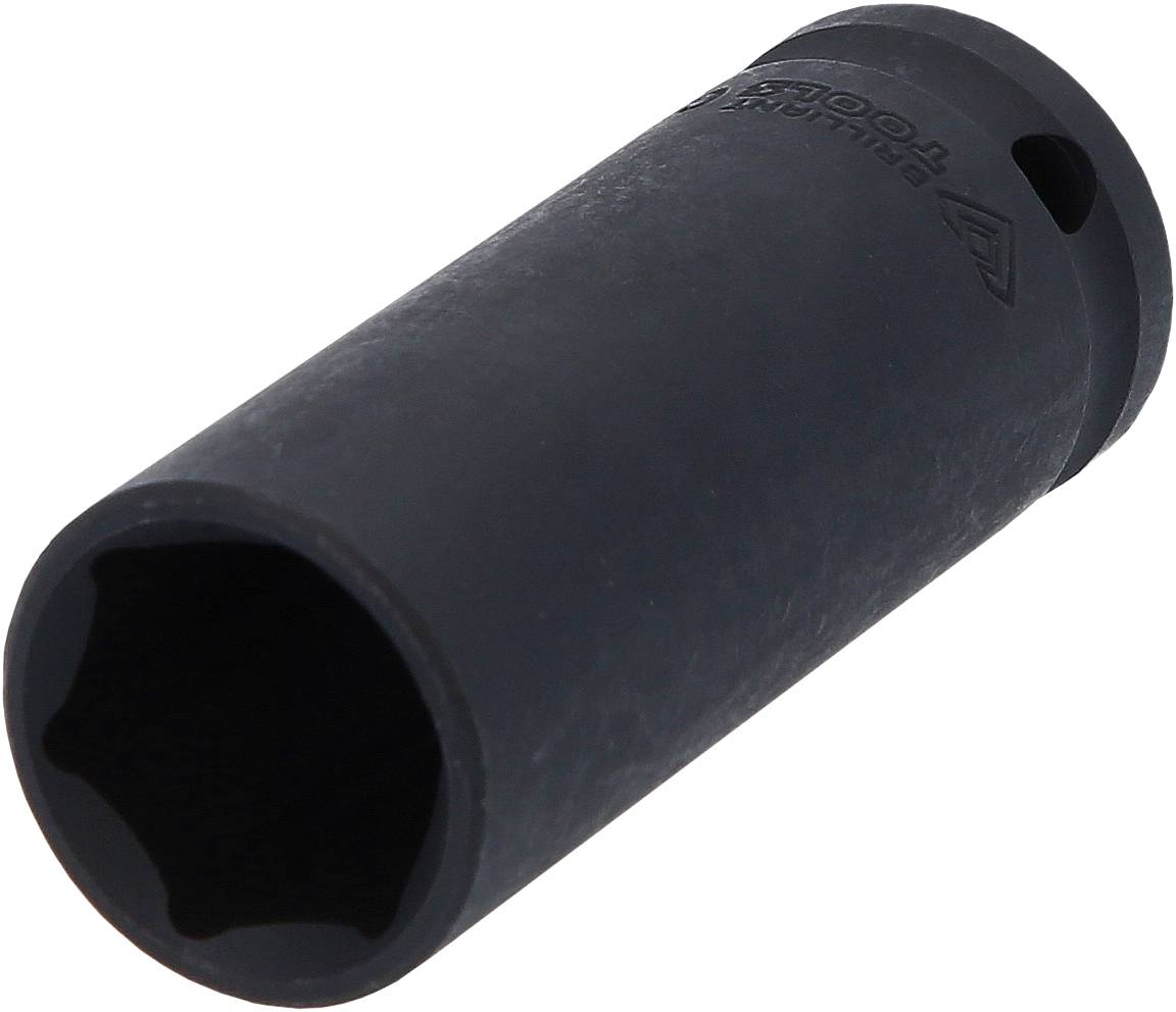 Stecknuss, schwarz, sechskantig, zylindrische Form, zur Anwendung mit Schraubenschlüsseln oder Ratschen.