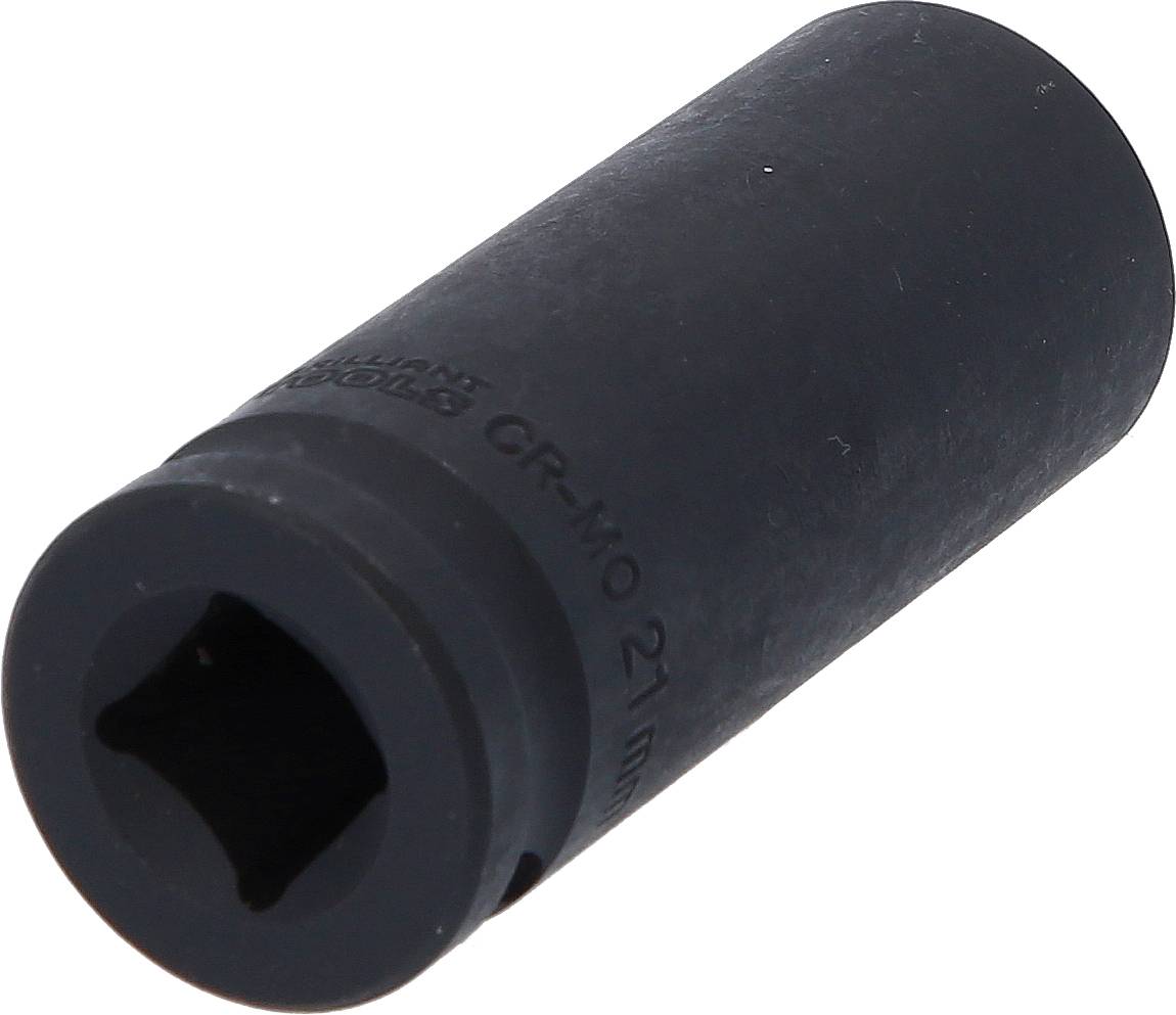 Eine schwarze, zylindrische Stecknuss mit einer quadratischen Öffnung, verwendet für Schraubarbeiten.