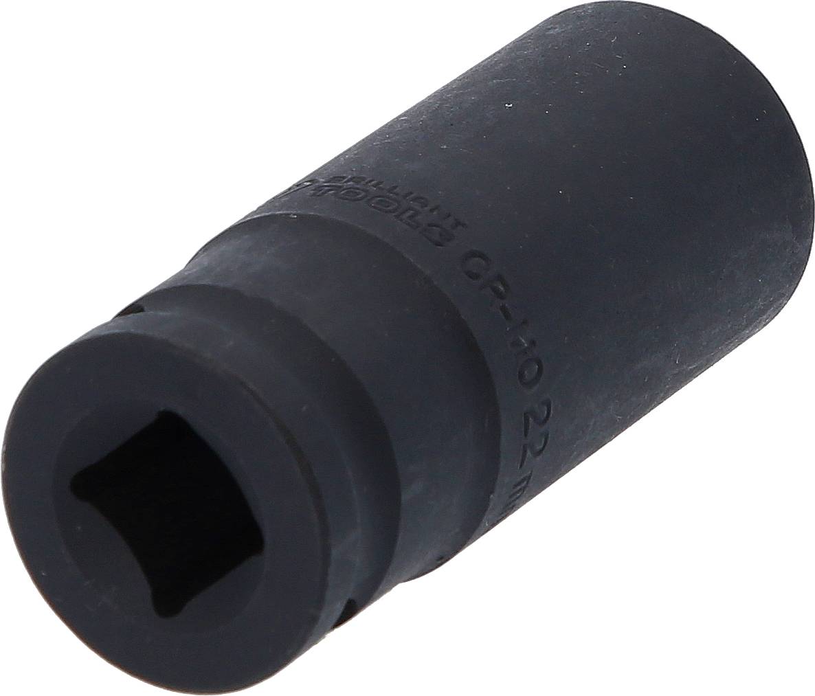 Ein schwarzer Steckschlüsselaufsatz, der für die Verwendung mit einem Schlagschrauber geeignet ist.