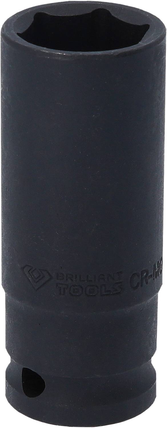 Schwarze Stecknuss von Brilliant Tools, mit der Aufschrift 'CR-MO', geeignet für den Einsatz mit einem Schlagschrauber.