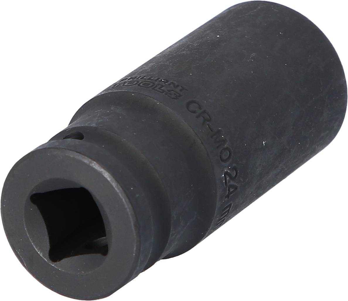 Eine schwarze Stecknuss, die für den Einsatz mit einem Schlagschrauber geeignet ist. Sie hat eine quadratische Öffnung für den Antrieb.