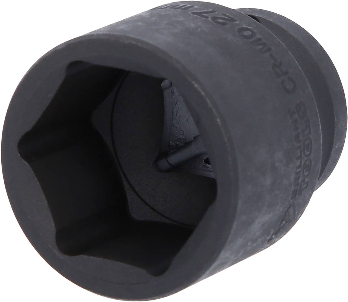 Schwarze Sechskant-Stecknuss aus Metall, Seitenansicht. Verwendet für Schrauben.