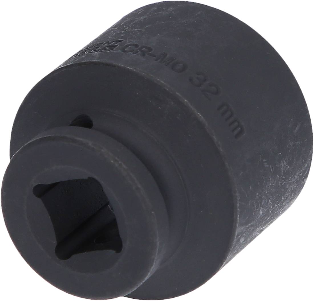 Schwarze, zylindrische Stecknuss aus CR-MO-Stahl, 32 mm groß, verwendet für Schraubverbindungen, robust und langlebig.