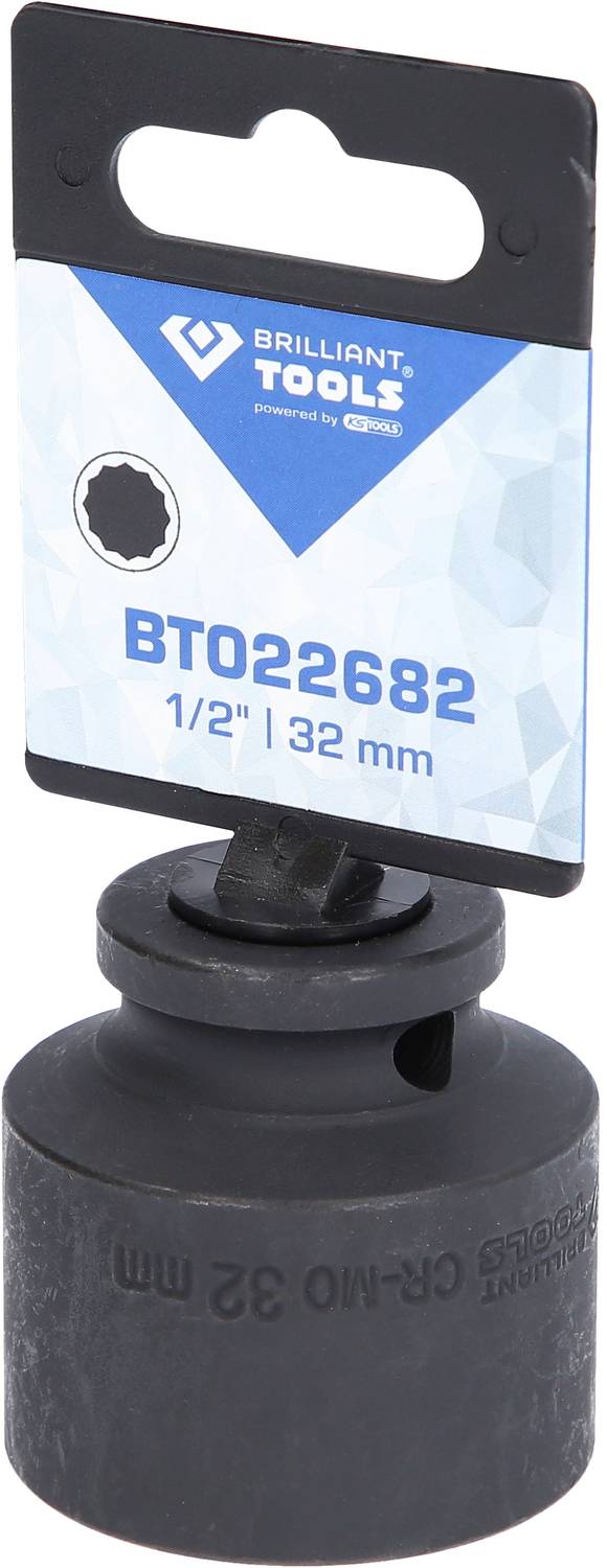 Eine schwarze 1/2 Zoll Stecknuss mit 32 mm Größe von Brilliant Tools, präsentiert auf einer blauen Produktkarte.
