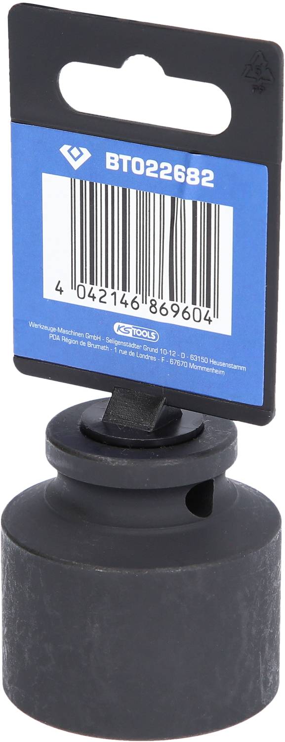 Ein schwarzer Flaschenöffner mit einem blauen Etikett oben. Das Etikett zeigt einen Barcode und die Nummer 'BTO22682'.