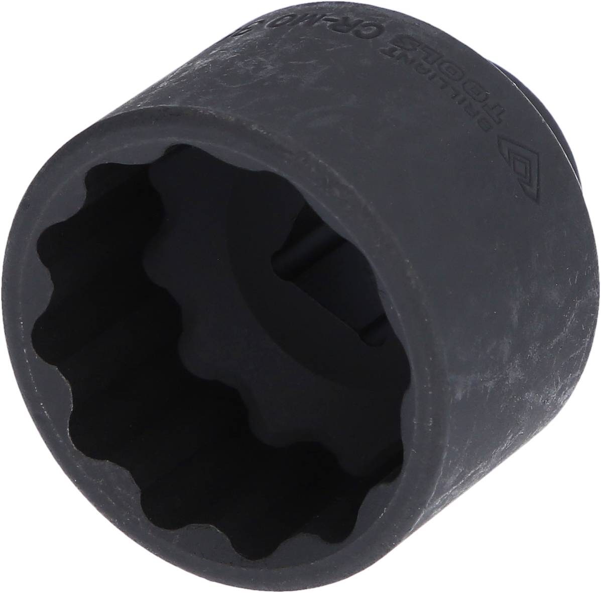Ein schwarzer Steckschlüsseleinsatz, der für die Nutzung mit Werkzeugen entwickelt wurde, um Sechskantschrauben oder Muttern zu drehen.