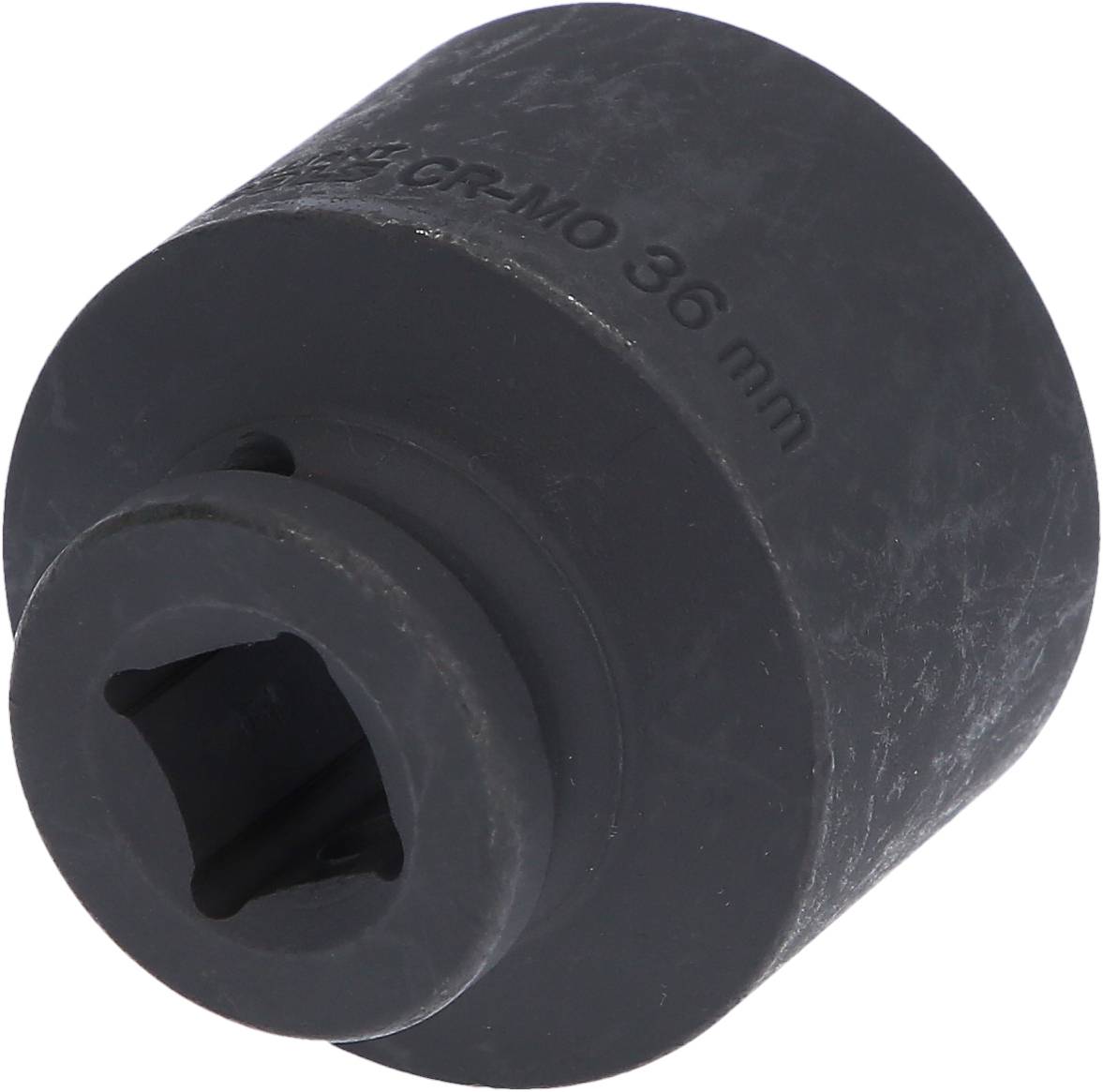 Schwarzer, zylindrischer Metallaufsatz mit der Aufschrift '36 mm GR-MO'. Verwendet für Werkzeug- oder Maschinenanwendungen.