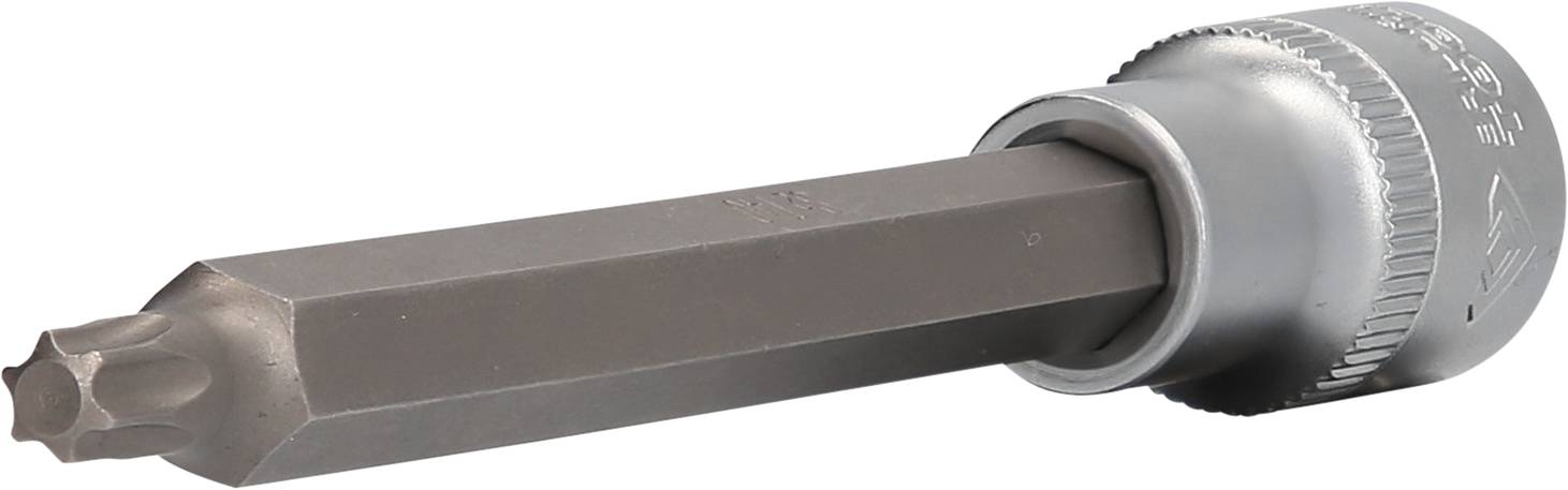 Ein silberner Torx-Bit-Aufsatz für Schraubarbeiten, mit sechszackiger, sternförmiger Spitze und geriffeltem Ende für den Werkzeuggriff.