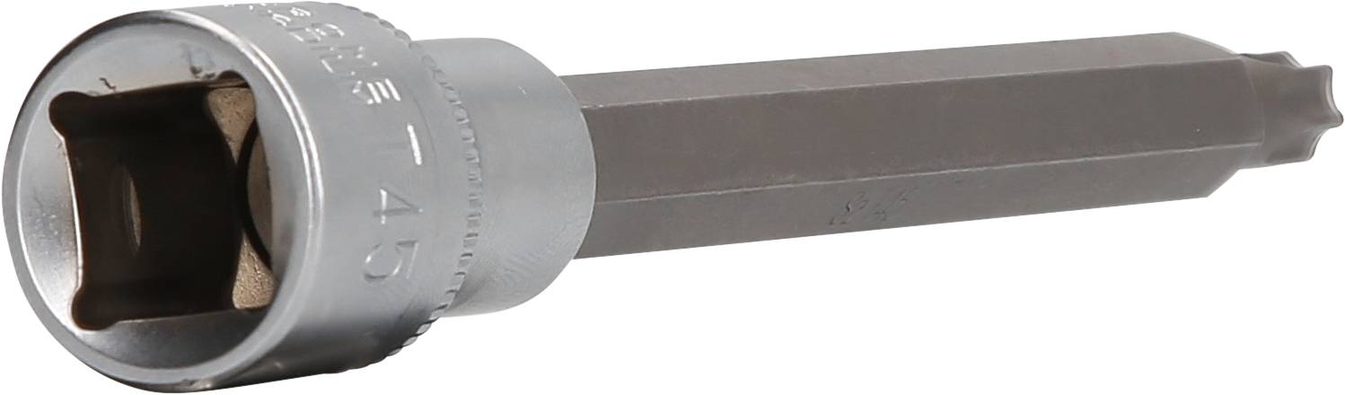 Ein silberner Steckschlüssel mit einem sechskantigen Schaft und einer quadratischen Aufnahme, liegend auf weißem Hintergrund.