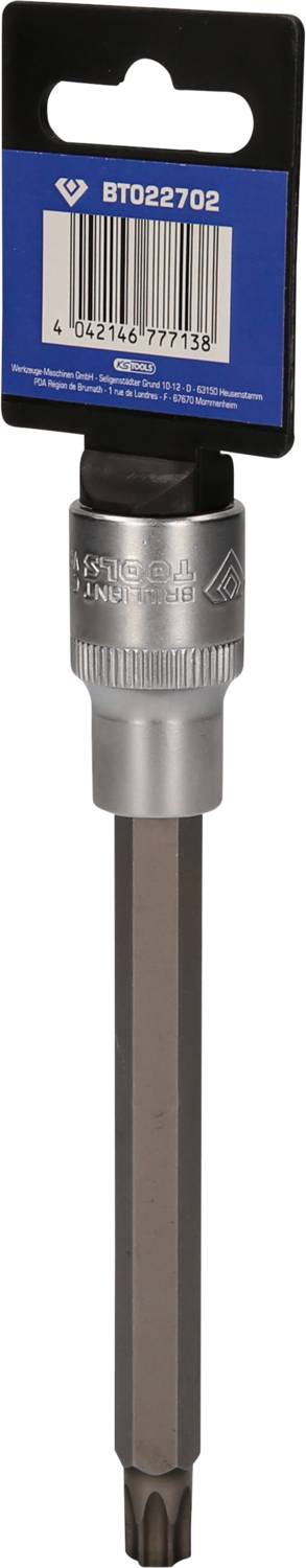 Ein Torx-Schrauberbit mit verlängerter Schaftlänge, befestigt auf einer blauen Verpackungskarte mit Barcode und Produktnummer.