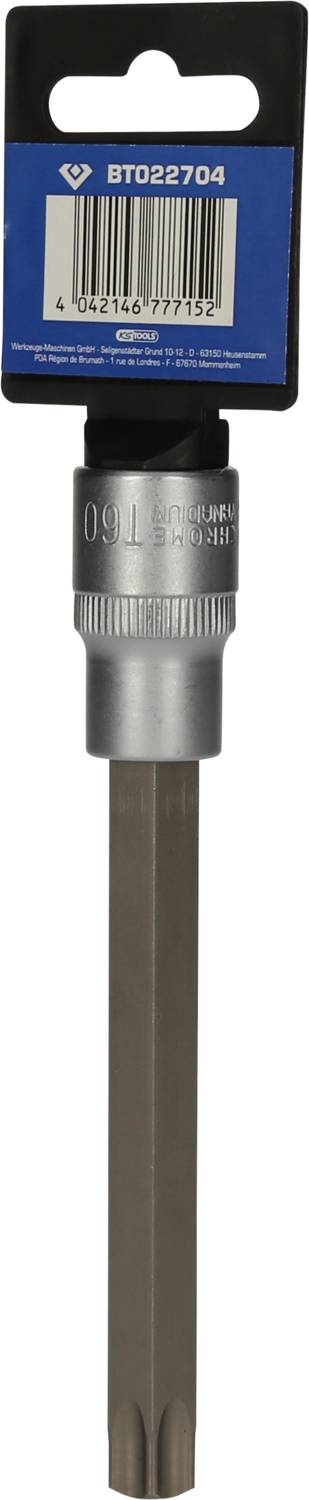 Metallwerkzeug mit Griff, gekennzeichnet durch 'BT022704' auf blauem Etikett, inklusive Barcode. Hauptsächlich für handwerkliche Arbeiten.