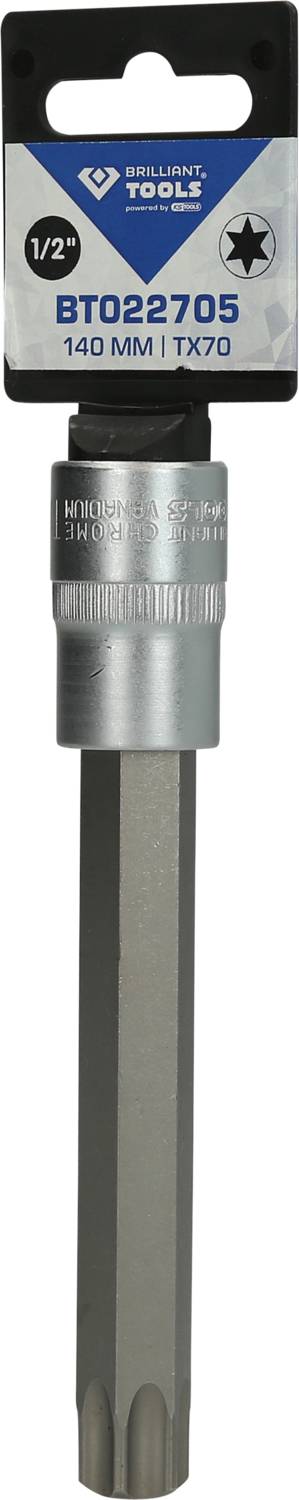 Verlängerter Torx-Bit mit Sternform und 1/2-Zoll-Anschluss, Länge 140 mm, Modellnummer BT022705, von Brilliant Tools.