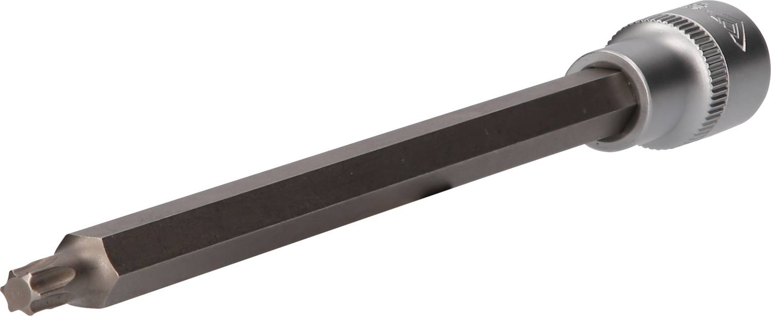 Ein Torx-Schraubendreher-Bit in Nahaufnahme. Es hat einen sternförmigen Kopf und einen längeren sechseckigen Schaft.