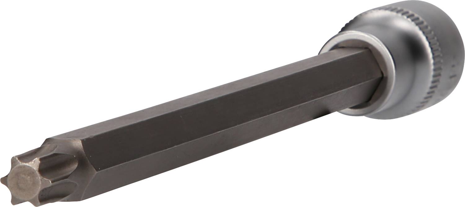 Schraubendreheraufsatz in Torx-Form, geeignet für mechanische Arbeiten. Schwarzes Metall mit silberner Halterung.