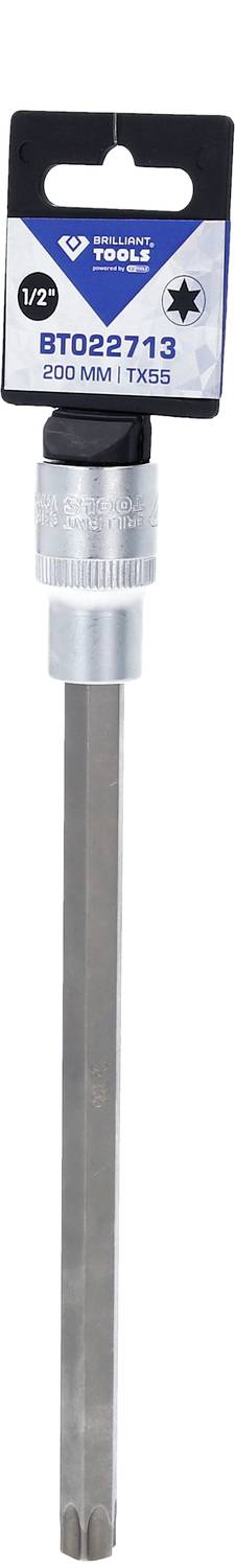 Langer silberner Bohrer mit sechseckigem Schaft im blauen Kartonhalter.