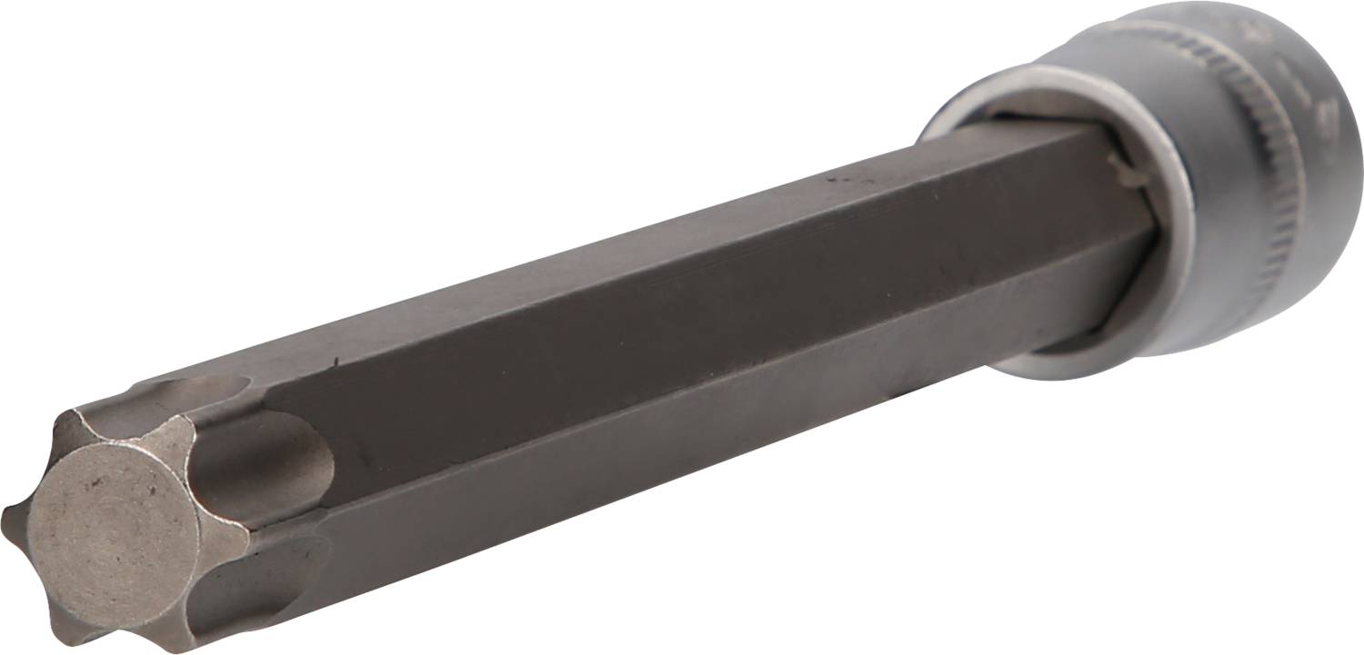 Ein schwarzes sechskantiges Bohrwerkzeug mit einem silbernen zylinderförmigen Kopf auf weißem Hintergrund.