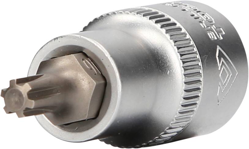 Ein silberner, zylindrischer Schraubendreheraufsatz mit einem sternförmigen Ende, das für spezielle Schrauben geeignet ist.
