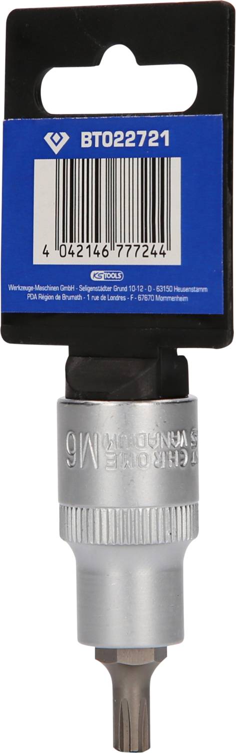 Torx-Bit M6 in metallischer Fassung, auf einer Verpackung mit blauen und schwarzen Details. Oben ist ein Barcode sichtbar.