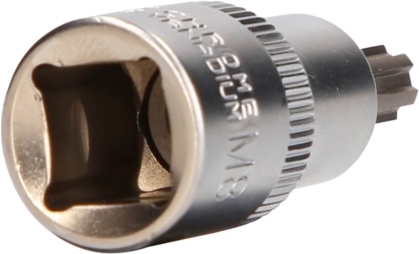 Metallischer Steckschlüsseleinsatz mit Zahnradverzahnung. Geeignet für Schraubarbeiten und kompatibel mit gängigen Steckschlüsselsystemen.