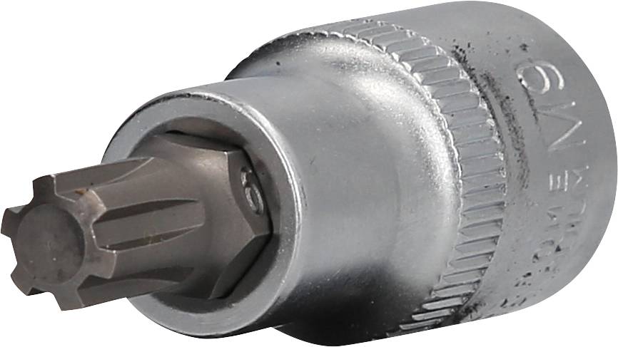 Ein silberner Torx-Bit-Aufsatz, hauptsächlich aus Metall, in seitlicher Perspektive. Gezahnte Spitze für Schraubarbeiten geeignet.