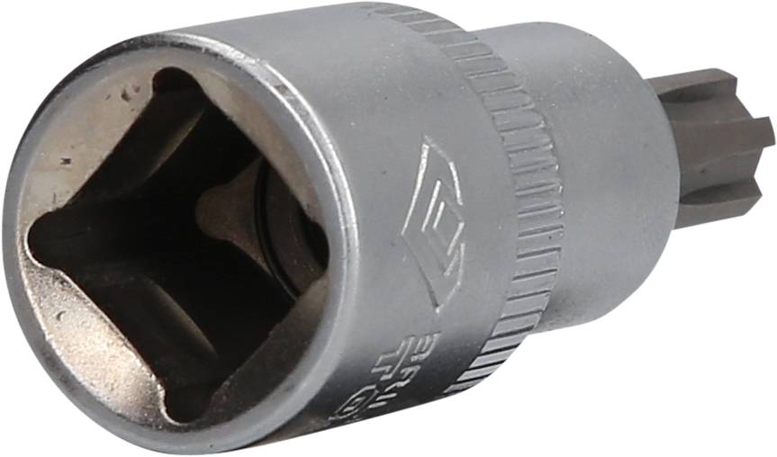Ein silberner Torx-Schraubendreheraufsatz mit gezahnter Kante und markierter Größe auf der Seite.