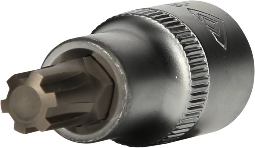 Metallische Vielzahn-Bit-Buchse mit geriffeltem Rand, geeignet für Reparatur- und Montagearbeiten.