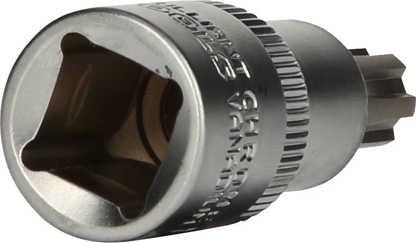 Steckschlüsselaufsatz aus Metall mit Torx-Profil, geeignet für Schrauben mit Außen-Torx-Kopf.