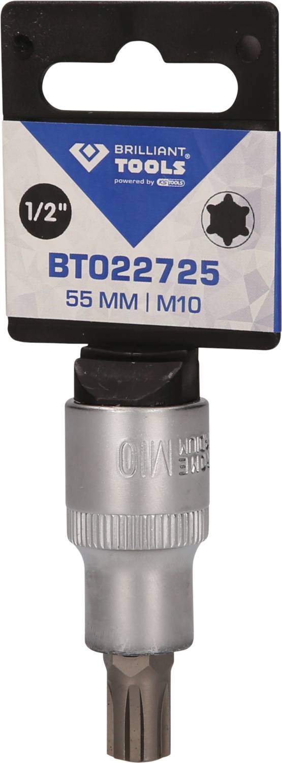 Bitsatz mit Halter, Brilliant Tools BT022725, 1/2 Zoll, 55 mm, M10, silberfarbig, auf Pappkarton mit Produktinformationen befestigt.