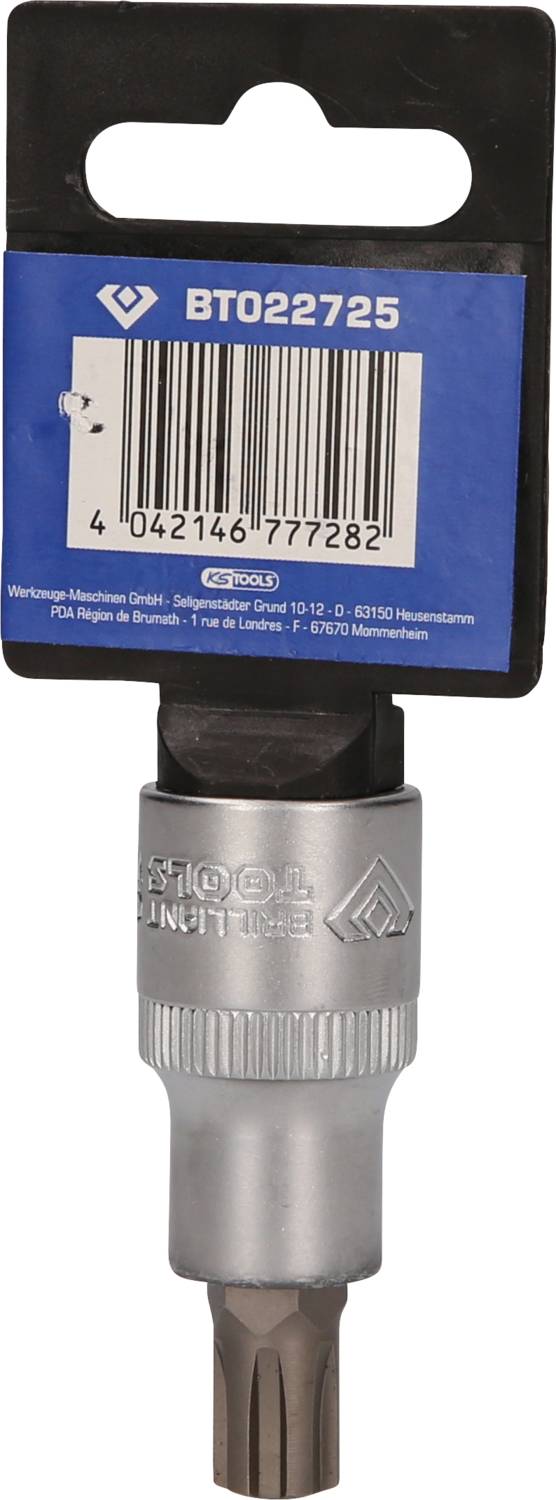 'BT022725' Steckschlüsselaufsatz mit blauem Etikett und Barcode. Werkzeug für Torx-Schrauben, geeignet für Maschinen oder handgeführte Geräte.