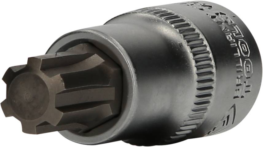 Ein schwarzer Schraubaufsatz mit sternförmiger Spitze und geriffeltem Griff, geeignet für spezielle Schraubverbindungen.
