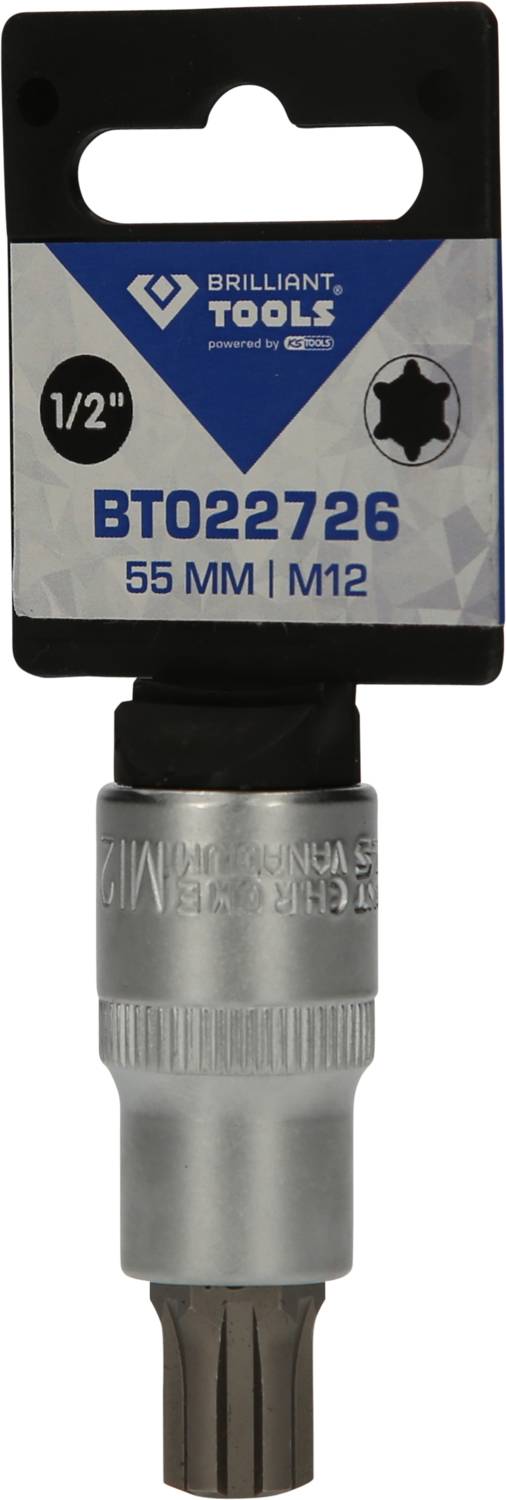 Ein Werkzeug mit der Aufschrift 'BT022726 55 MM M12'. 1/2-Zoll Steckschlüsseleinsatz für spezielle Schraubenköpfe, Marke Brilliant Tools.