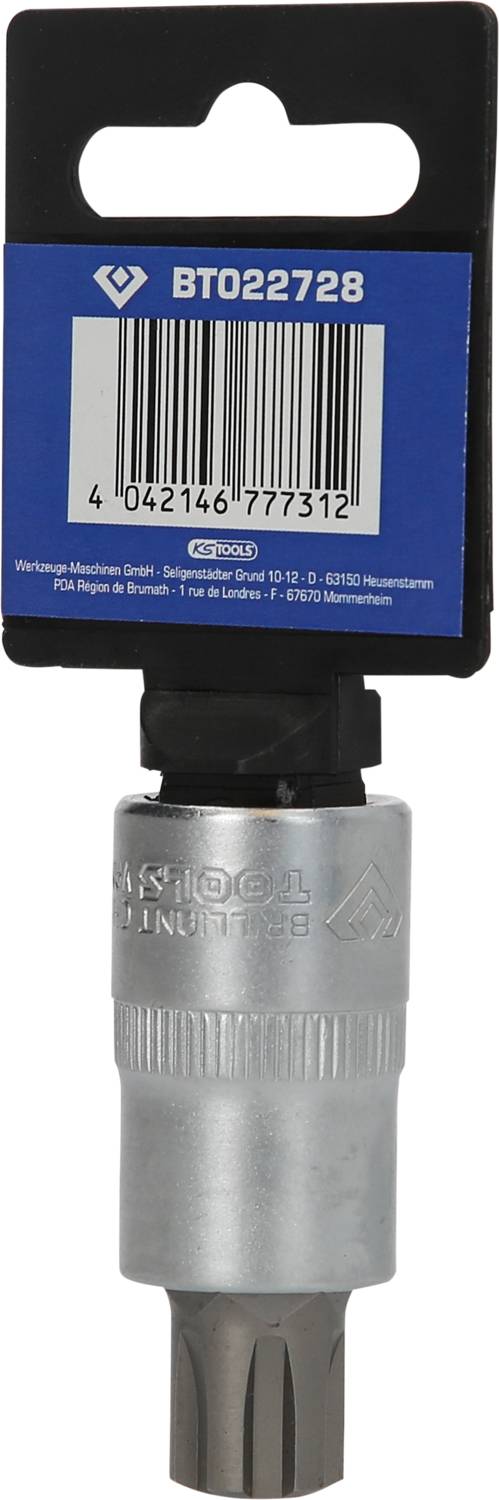 Ein silberner Schraubendreheraufsatz mit blauer Kartonverpackung, Artikelnummer 'BT022728' und Barcode erkennbar.