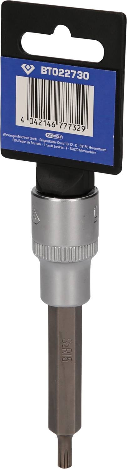 Ein Inbusschlüssel mit Verpackung, aufrecht stehend. Enthält Produktinformationen und Barcode auf der Verpackung.