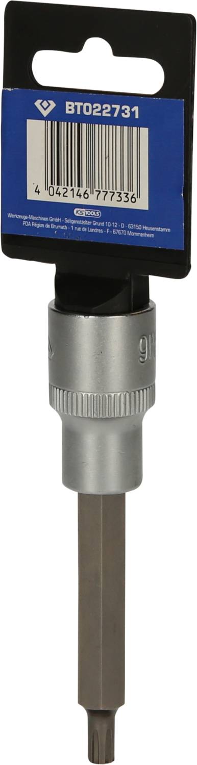 Verpackter Schraubendreheraufsatz mit Barcode und blauem Etikett mit der Aufschrift 'BT022731', verwendet für Handwerkzeugseinsätze.