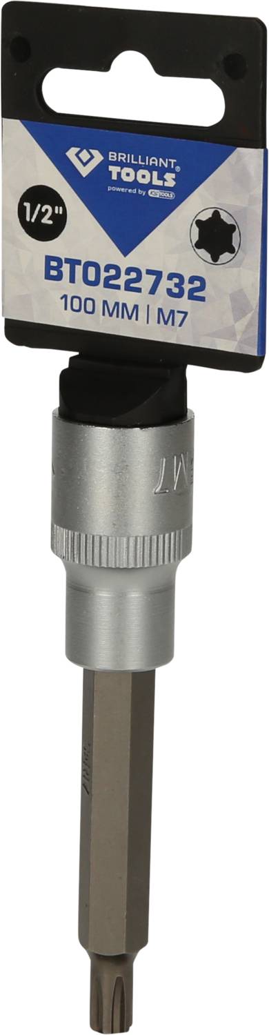 Brilliant Tools Torx-Bit BT022732, 100 mm Länge, Größe M7, 1/2 Zoll Aufnahme. Silberner Bit mit schwarzem Etikett.