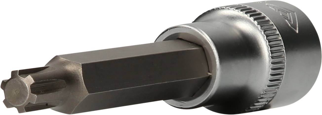 Ein metallischer Bit-Aufsatz mit einem sechsseitigen Schaft und einem sechszackigen Stern-Kopf, verwendet für Schraubarbeiten.