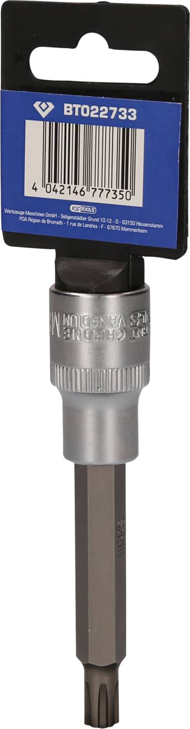 Ein silberner Torx-Schraubendreheraufsatz mit blauem Etikett und Strichcode an der Verpackung.