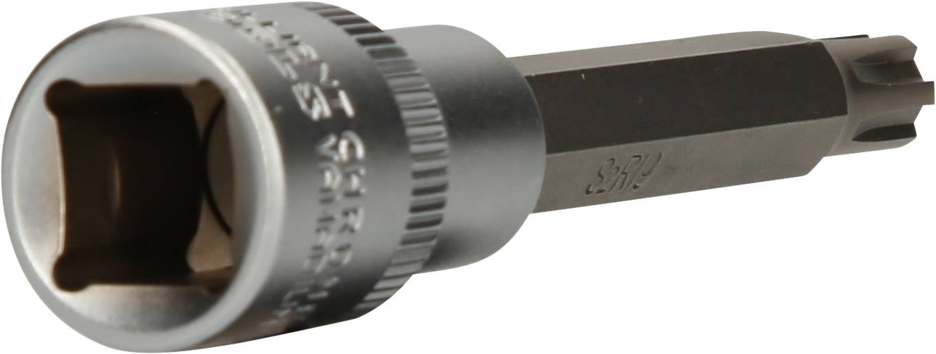 Metallische Torx-Bit-Stecknuss, zylindrischer Griff, quadratische Öffnung, verwendet für Schraubarbeiten mit passenden Werkzeugen.