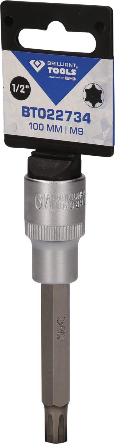 Steckbit für Torx-Schrauben, Größe M9, 100 mm lang. Aufhängeschild oben mit Produktnummer und 'Brilliant Tools'-Logo.
