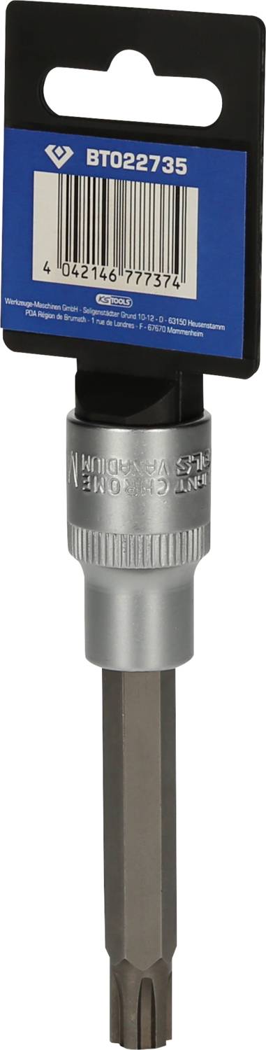 Ein silberner Torx-Bit mit einem blauen Etikett. Auf dem Etikett ist ein Barcode und die Nummer 'BT02735'.