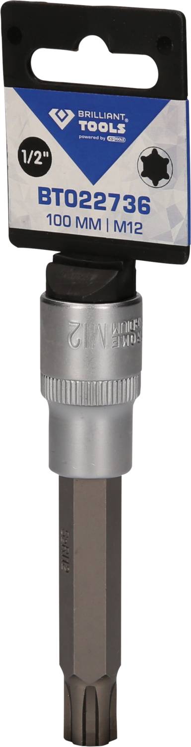 Ein 'Brilliant Tools' Steckschlüssel-Bit, Modell BT022736, 1/2 Zoll Antrieb, 100 mm Länge, M12 Größe, auf einer Pappverpackung.