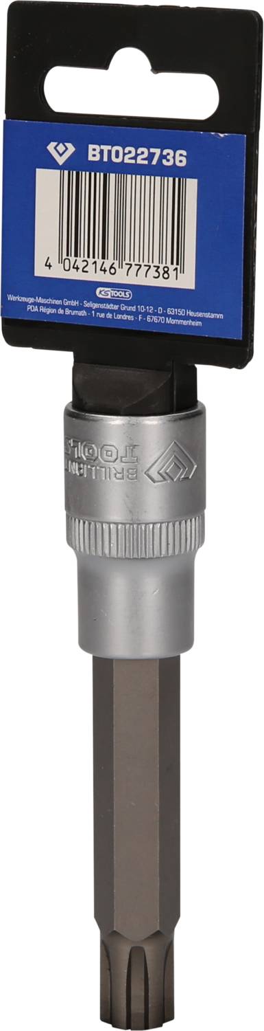 Ein Bitaufsatz mit der Artikelnummer BT022736 und einem Barcode ist an einer blauen Verpackung befestigt.