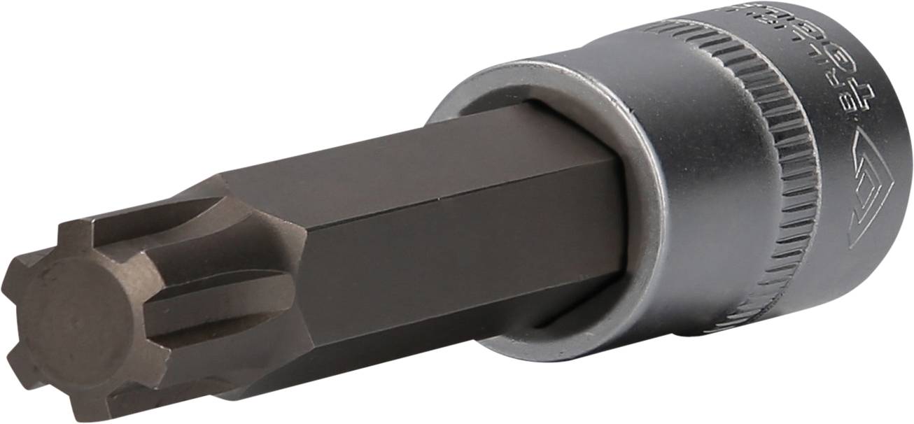 Ein schwarzer Torx-Bit-Aufsatz aus Metall, geeignet für Werkzeuge und Schraubarbeiten, mit sechseckigem Schaft und sternförmiger Spitze.