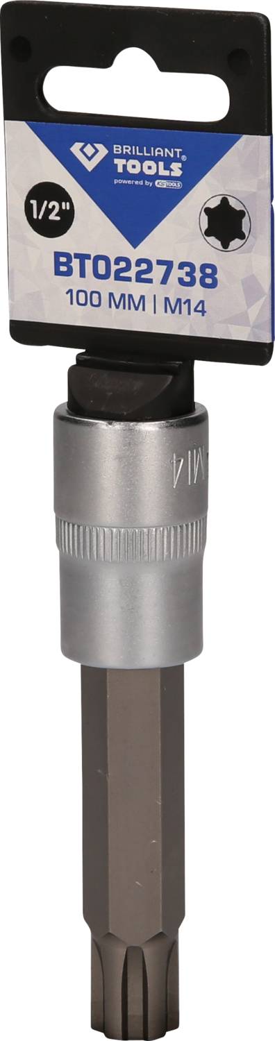 Ein Bit-Halter von der Marke Brilliant Tools mit der Aufschrift 'BT022738', 100 mm Länge, 1/2'' Anschluss, M14 Größe.