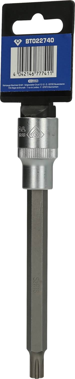 Metallbohrer mit T-25 Torx-Kopf und silbernem Sechskantschaft, befestigt an schwarzer und blauer Produktverpackung mit Barcode.